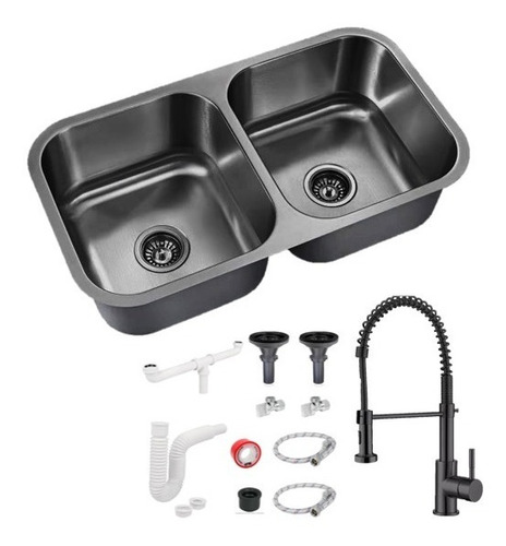 Fregadero Tarja Submontar Doble Tina Acero Inox Negro C/kit 