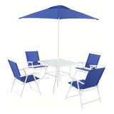 Mesa/sillas Con Sombrilla De Jardin, Vidrio Templado, Azul 