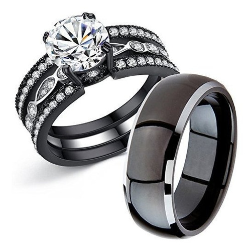 Anillos Pareja Negro Titanio Mujer Acero Cz - Mabella.