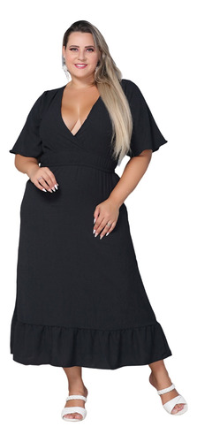 Vestido Longo Plus Size Gola V Grande 48 50 52 Manga Babado