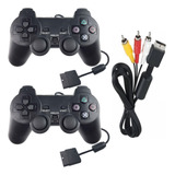 Kit 2 Controles Manete + Cabo Av Rca Para Playstation 2 Ps2