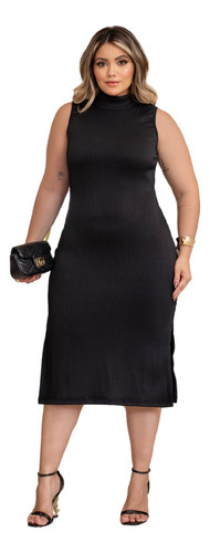 Vestido Midi Tubinho Fenda Canelado Plus Size Modelador 