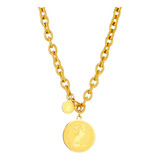 Collar Dije Moneda Reina Isabel Acero Inox Chapa Oro 18k