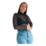 Crop Top Mujer Microtul Corto Sexy Manga Larga Transparente