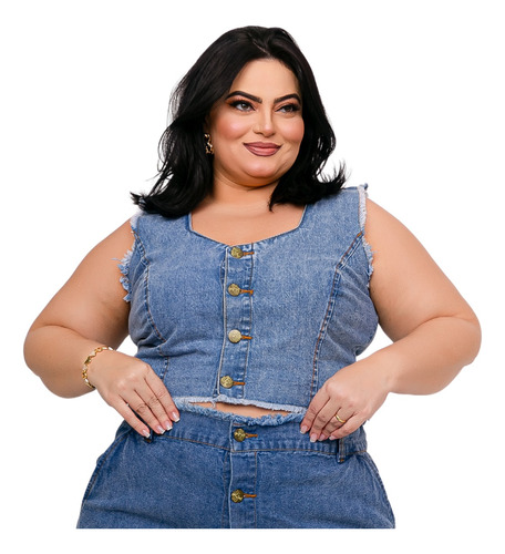 Cropped Jeans Plus Size Com Botões