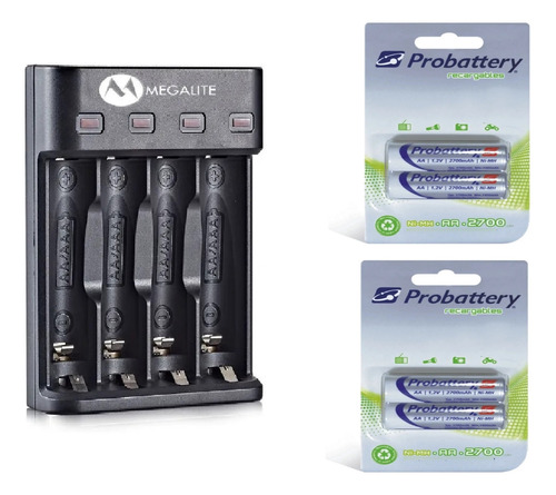 Cargador Pilas 4 Aa/aaa Megalite + 4 Aa Probattery 2700mah