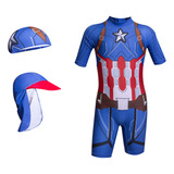 Traje De Baño Niños Capitan America + Gorro Nat + Gorro Sol