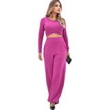 Conjunto Moletinho Wide Leg Cropped Manga Longa Moda Gringa