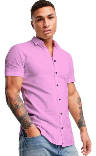 Blusa Social Masculina Manga Curta Slim Fit Não Amassa