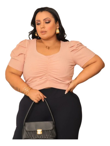 Croped Plus Size Manga Curta Princesa Canelado Decote Grande