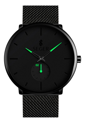 Reloj Minimalista Hombre Seger 9185 Analogico Acero Elegante Malla Negro Fondo Verde