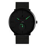 Reloj Minimalista Hombre Seger 9185 Analogico Acero Elegante Malla Negro Fondo Verde