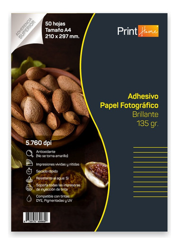 Papel Adhesivo, 135gr Brillante A4x50hj ,printhome