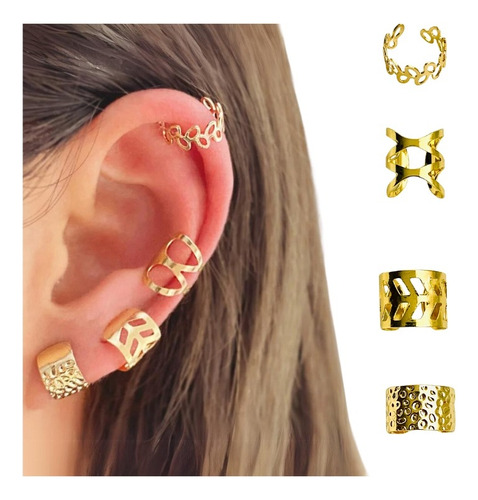 Aretes Mujer Ear Cuff Solitario Set X 4 Ear Cuff Gold