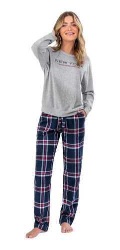 Pijama Feminino Mixte Manga Longa Flanela Xadrez