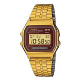 Reloj Casio Vintage A159w 1d Diamante Acero Full Correa Dorado Bisel Dorado Fondo Bordó