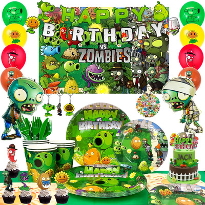 Set De Vajilla Y Decoración De Cumpleaños Plants Vs Zombies, 139 Piezas, Incluye Globos, Pegatinas, Platos Y Vasos. Ideal Para Fiestas Temáticas.