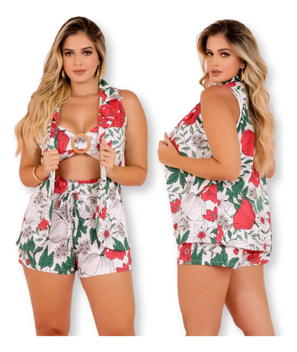 Conjunto Estampado 3 Peças Cropped + Shorts + Kimono 0430