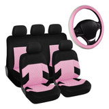 Set Funda Cubre Asiento Auto Rosa + Cubre Volante Rosa Piedr