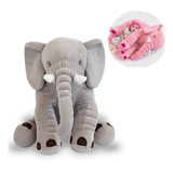 Almofada Elefante Pelúcia 60cm Cinza Rosa Bebê Antialérgico