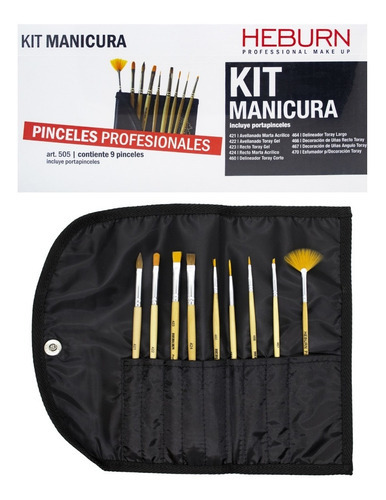 Kit Heburn 9 Pinceles Manicuría Decoración Uñas Estuche 505