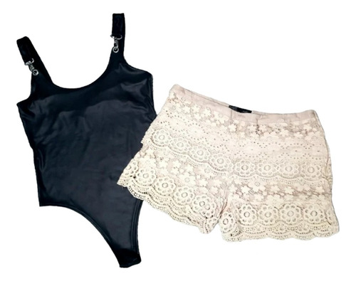 Conjunto Mujer T S / M Short Puntillas + Body Engomado 