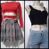 Sexy Short Falda Cuadros Detalle + Crop Top Bershka Detalle