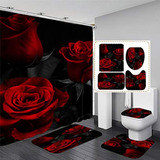 Juegos De Cortinas De Ducha Con Rosas Rojas De 4 Piezas Con 