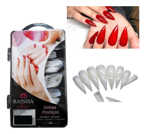 Kit Com 100 Unidades Caixa Tips Unhas Postiças Stiletto