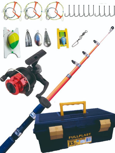 Combo Caña Reel Caja De Pesca Lineas Plomadas Anzuelos 