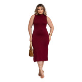 Vestido Midi Tubinho Fenda Canelado Plus Size Modelador 