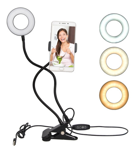 Aro Luz Led Selfie + Soporte De Celular Flexible Con Pinza