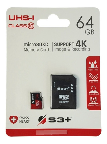Cartão De Memória S3+ Micro Sd 64gb 4k Classe 10 Uhs-i