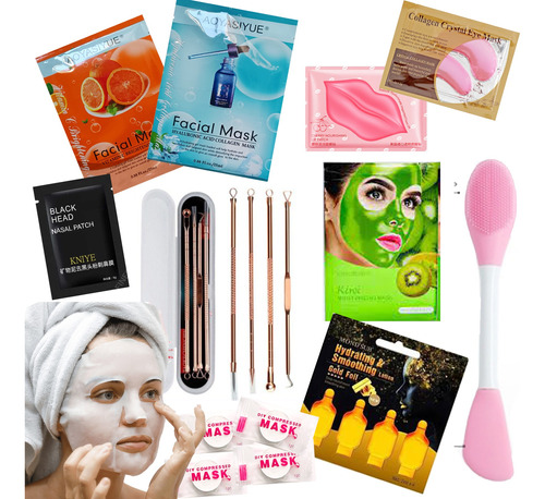 Kit Skincare Facial Mascarillas Ampollas Brocha Cepillo