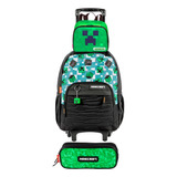 Mochila Escolar Minecraft X Mosaic Rodinhas Estojo Lancheira