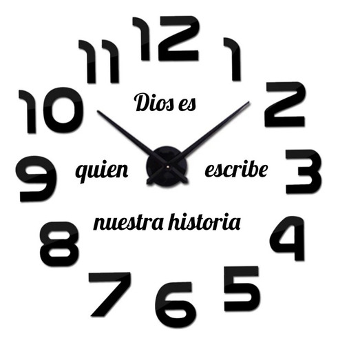 Reloj De Pared 3d 100x100cm Color Plateado + Frase En Vinilo