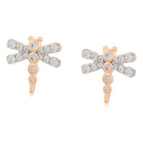 Aretes Oro 18k Lam Libelula Swarovsk Blanco  Broquel Elegant