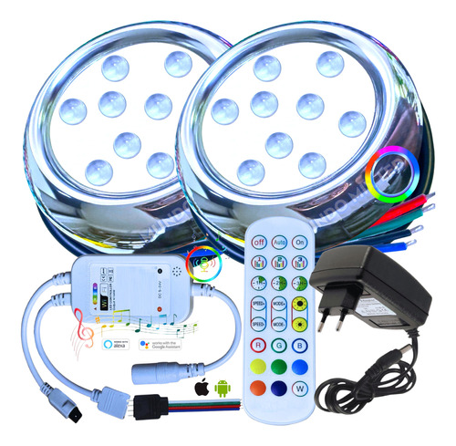 02 Refletor Led 9w Rgb Piscina Inteligente Wifi Fonte + Adap