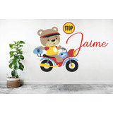 Vinil Decorativo Infantil Osito En Moto Nombre Personalizado