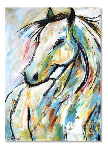 Cuadro Decorativo Caballo Blanco Colores En Lienzo