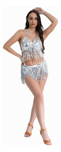 Trajes De Danza Adulto Lentejuelas Borla  Crop Top + Falda