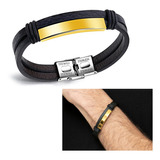 Pulsera Hombre Cuero Negro Con Placa Grabable