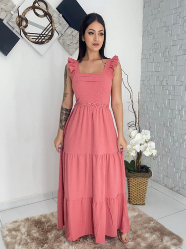 Vestido Longo Luxo Com Babada Na Mangas E Reda Na Cintura