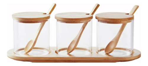 Set X 3 Frascos Especieros Vidrio Tapa+cuchara+bandeja Bambú