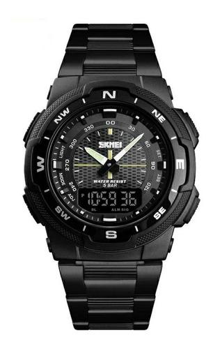 Reloj De Pulsera Skmei 1370 De Cuerpo Color Negro, Analógico-digital, Para Hombre, Fondo Negro, Con Correa De Acero Inoxidable Color Negro, Agujas Color Plata Y Negro, Dial Negro Y Blanco, Minutero/se