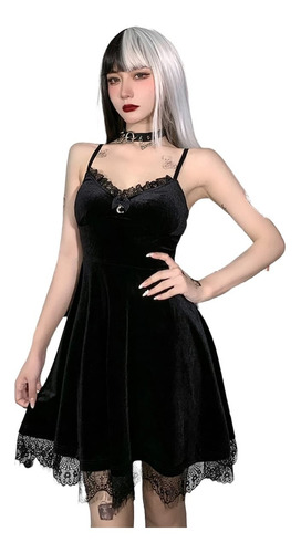 Vestido Dama Gotico Negro Sexy Sin Manga Terciopelo