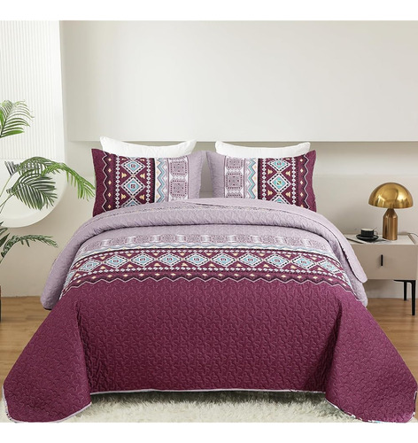 Juego De Edredón Boho King Size,3 Piezas De Colcha Roja Púrp