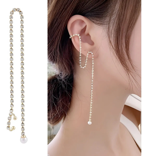 Arete Clip De Oreja/ Trepador Cadena De Diamantes Con Perla