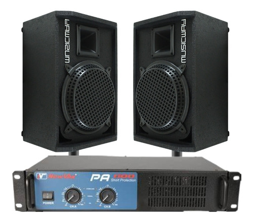 Kit Amplificador Pa 600-300w Rms+2 Caixas Acústicas 200w Rms
