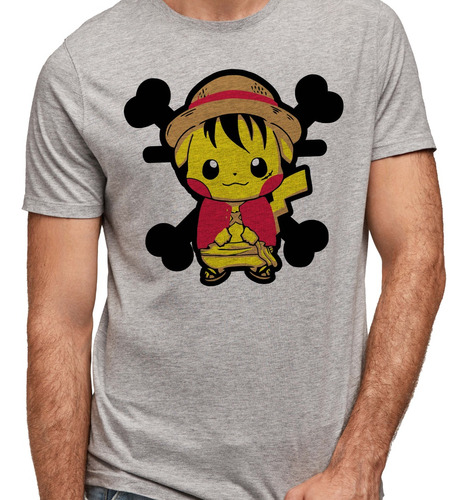 Playera Gris Pikachu Vestido De Luffy Pokemon Pok003